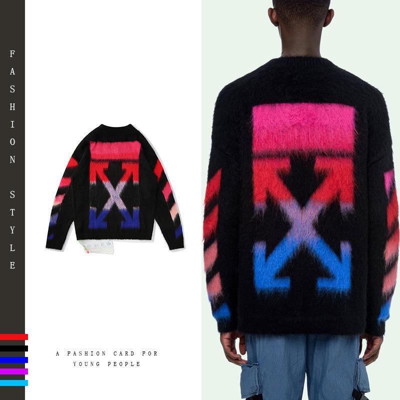 【Off-White】グラデーション矢印黒と白の灰色のモヘアの男性と女性が同じセーターを主演